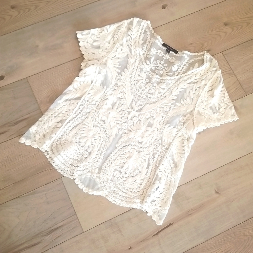 Fever lace top short sleeve womens size med  ivory
